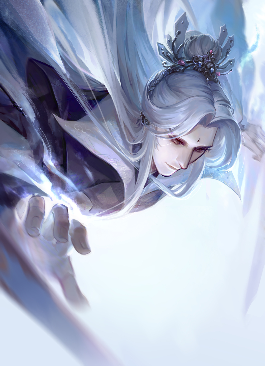 1boy absurdres black_hanfu blue_gemstone chinese_clothes closed_mouth curtained_hair facial_mark falling floating_hair from_below gem hair_bun hair_floating_upwards hair_over_one_eye hanfu highres jinguang_budaixi long_sidelocks looking_down male_focus parted_bangs pink_gemstone portrait ren_piaomiao sidelocks simple_background solo ste7619 white_background white_hanfu xiao_guan_(headdress)