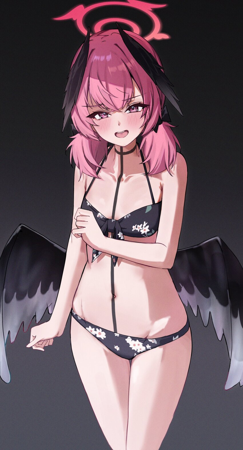 1girl absurdres bikini black_bikini black_wings blue_archive blush feathered_wings flat_chest floral_print front-tie_bikini_top front-tie_top halo head_wings highres koharu_(blue_archive) koharu_(swimsuit)_(blue_archive) looking_at_viewer low_twintails low_wings medium_hair navel official_alternate_costume open_mouth pink_eyes pink_hair pink_halo print_bikini standing swimsuit tobildesu twintails wings