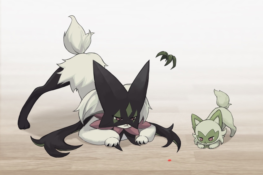 bad_id bad_pixiv_id claws closed_mouth commentary highres indoors laser laser_pointer laser_pointer_projection legs_apart looking_down meowscarada nintendo pokemon pokemon_(creature) rcs_4 sprigatito symbol-only_commentary top-down_bottom-up wavy_mouth wooden_floor