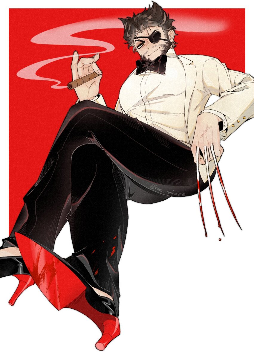 1boy animification ass beard black_bow black_bowtie black_pants blood bloody_weapon bow bowtie buttons cigar claw_(weapon) closed_mouth commentary_request deadpool_&amp;_wolverine deadpool_(series) dress_shirt eyepatch facial_hair formal_clothes formal_clothes green_eyes high_heels highres holding holding_cigar jacket k4nc_wolverine large_pectorals long_sleeves male_focus marvel marvel_cinematic_universe mature_male muscular muscular_male pants patch_(wolverine) pectorals shirt short_hair smoke solo suit twitter_username weapon white_shirt wolverine_(x-men) x-men