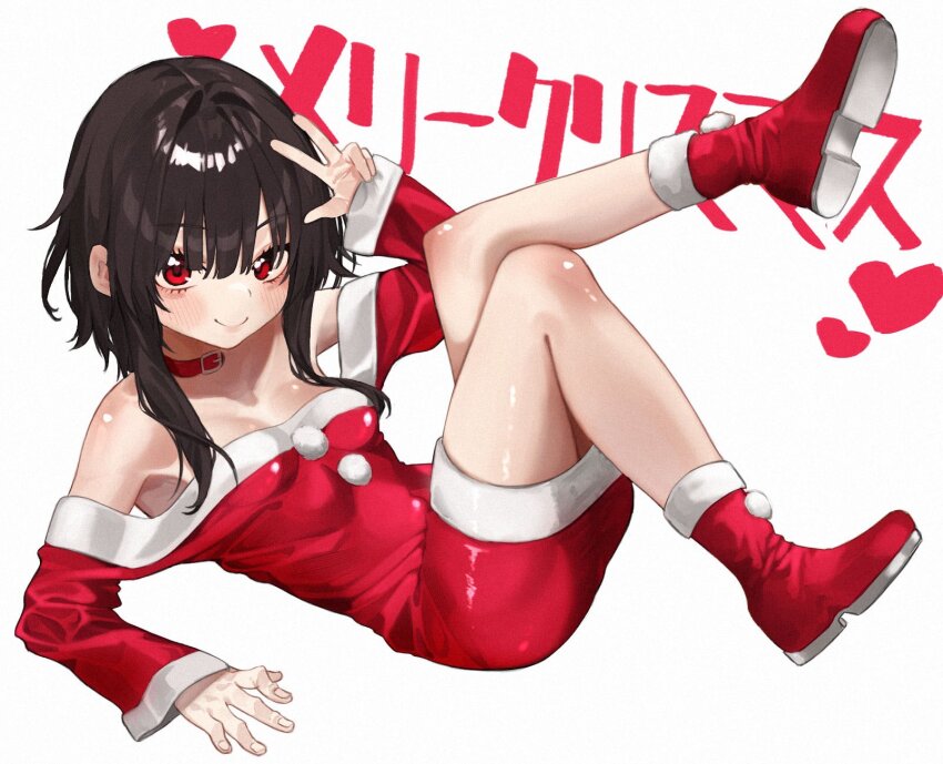 1girl boots breasts brown_hair collar commentary_request dress fur-trimmed_boots fur-trimmed_dress fur_trim heart highres kono_subarashii_sekai_ni_shukufuku_wo! looking_at_viewer megumin red_boots red_dress red_eyes santa_costume santa_dress short_hair_with_long_locks simple_background small_breasts solo taroekaki translation_request w white_background