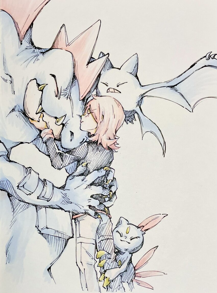 1boy black_jacket claws closed_eyes crobat fangs feraligatr game_freak gen_2_pokemon highres hug jacket long_hair looking_at_another male_focus nintendo pants pokemon pokemon_(creature) pokemon_hgss red_hair silver_(pokemon) simple_background sneasel standing tan_carbonnn upper_body white_background white_pants