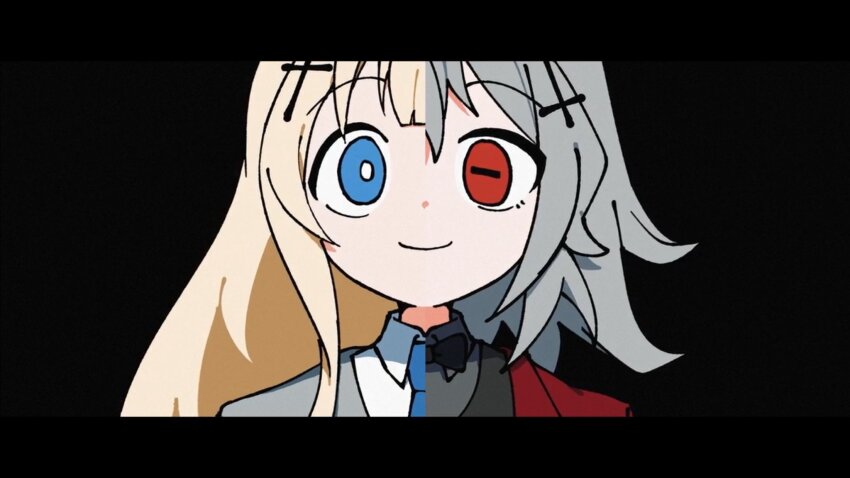 2girls black_background black_vest blonde_hair bright_pupils closed_mouth collared_shirt cross cross_hair_ornament dress_shirt grey_hair grey_jacket grey_shirt hair_ornament highres horizontal_pupils inverted_cross jacket letterboxed long_hair medium_hair multiple_girls odayaka portrait red_jacket second-party_source shirt smile split_screen split_theme straight-on tententengokujigokugoku_(aiobahn) vest waistcoat white_pupils white_shirt