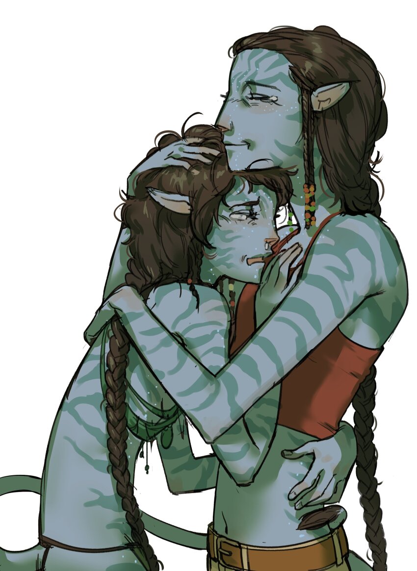 2girls absurdres alien animal_ears avatar:_the_way_of_water blue_skin braid brown_hair cat_ears character_request colored_skin commentary commentary_request crying highres hug james_cameron&#039;s_avatar jewelry jui_(dirtybigrat) kiri_(avatar) long_hair mother_and_daughter multiple_girls na&#039;vi navel necklace open_mouth pointy_ears science_fiction simple_background smile snot tail tank_top tearing_up tribal white_background