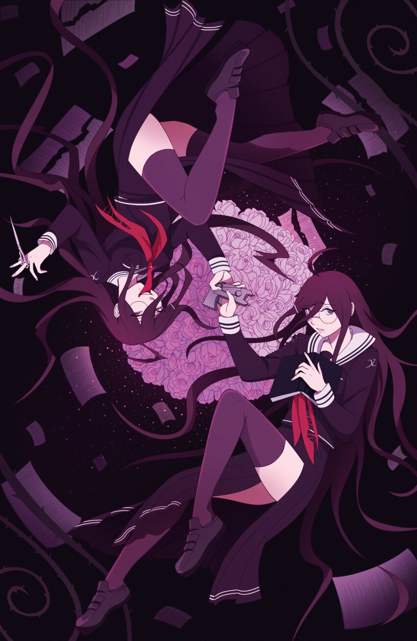 2girls absurdres book closed_mouth collared_shirt danganronpa_(series) danganronpa_another_episode:_ultra_despair_girls dual_persona flower fukawa_toko full_body genocider_shou highres holding holding_book holding_scissors holding_weapon long_hair long_sleeves long_tongue multiple_girls neckerchief open_book open_mouth paper phantomorrow purple_eyes purple_hair purple_serafuku purple_shirt purple_skirt purple_thighhighs red_eyes red_neckerchief sailor_collar school_uniform scissors serafuku shirt shoes skirt smile stun_gun teeth thighhighs thorns tongue tongue_out torn_clothes torn_neckerchief torn_skirt upper_teeth_only very_long_hair weapon white_sailor_collar