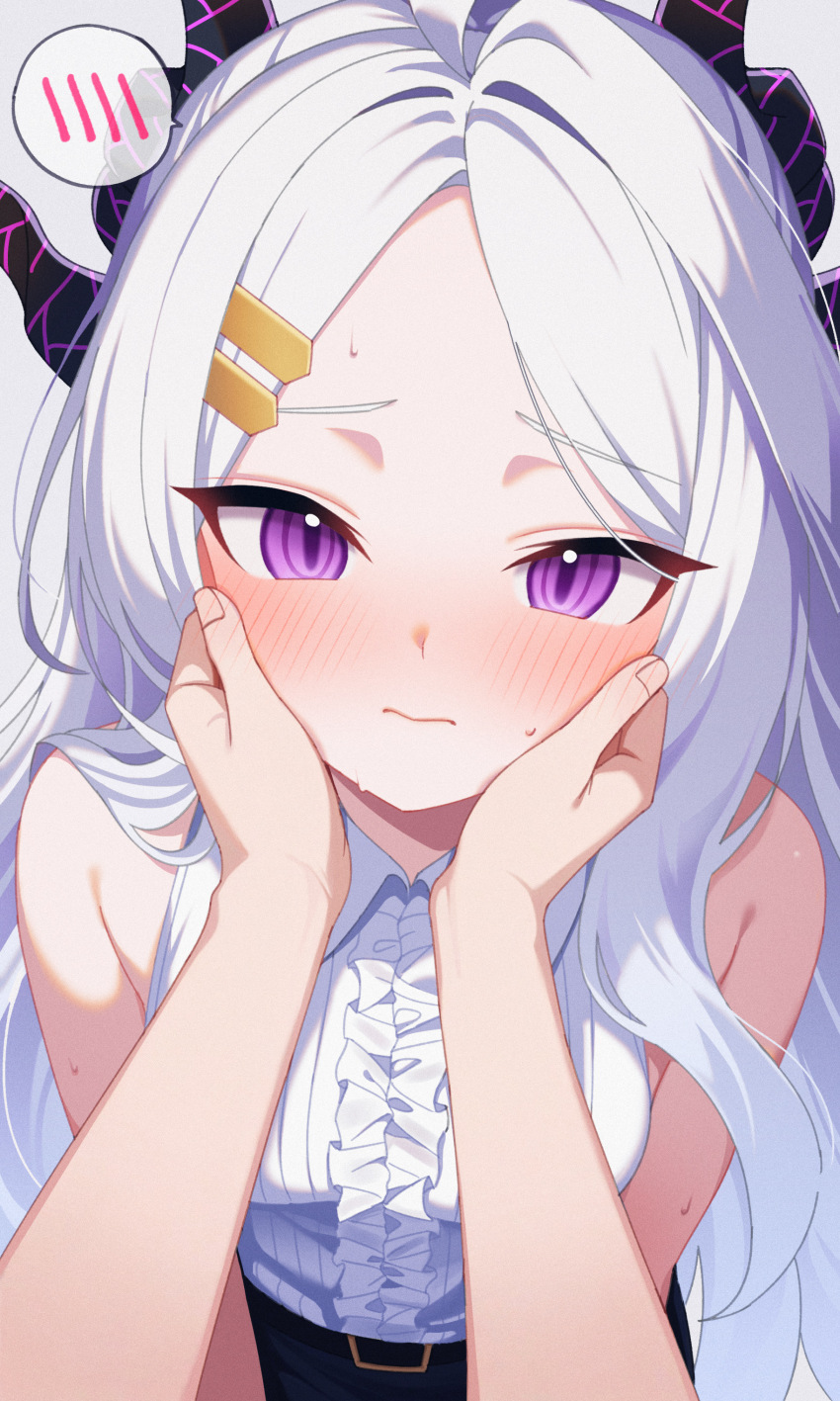 1girl 1other absurdres ahoge belt black_belt blue_archive blush breasts closed_mouth commentary_request demon_girl demon_horns eyes_visible_through_hair hair_ornament hairclip hands_on_another&#039;s_cheeks hands_on_another&#039;s_face highres hina_(blue_archive) horns karaage_(xxxmido02) multiple_horns off_shoulder parted_bangs pov pov_hands purple_eyes shirt shy simple_background slit_pupils small_breasts solo_focus speech_bubble spoken_blush tsurime white_hair white_shirt