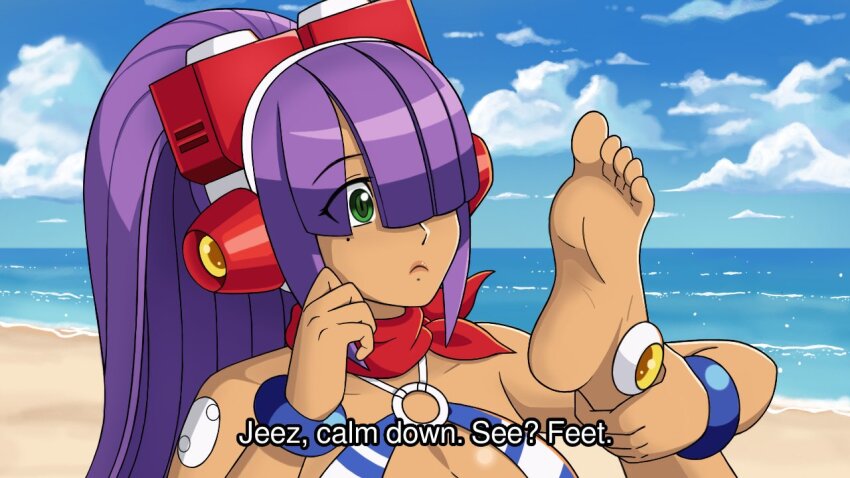 1girl android barefoot beach bikini blue_sky bracelet breasts closed_mouth dark-skinned_female dark_skin english_text eyes_visible_through_hair feet hair_over_eyes hair_over_one_eye headgear headset hime_cut holding_feet holding_own_leg jewelry large_breasts layer_(mega_man) long_hair mega_man_(series) mega_man_x_(series) mega_man_x_dive mole mole_under_eye navel navigator o-ring o-ring_bikini ocean purple_hair red_scarf robot_ears robot_girl scarf sky solo sprinqgueen striped_bikini striped_clothes swimsuit thinking