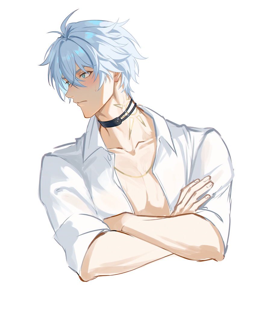 1boy antenna_hair black_choker blue_eyes blush chinese_commentary choker collarbone commentary_request crossed_arms highres honkai:_star_rail honkai_(series) looking_to_the_side male_focus open_clothes open_shirt phainon_(honkai:_star_rail) profile shirt short_hair shy simple_background sleeves_rolled_up solo sun_symbol sun_tattoo sweatdrop tan toned toned_male upper_body white_background white_hair white_shirt yexion123