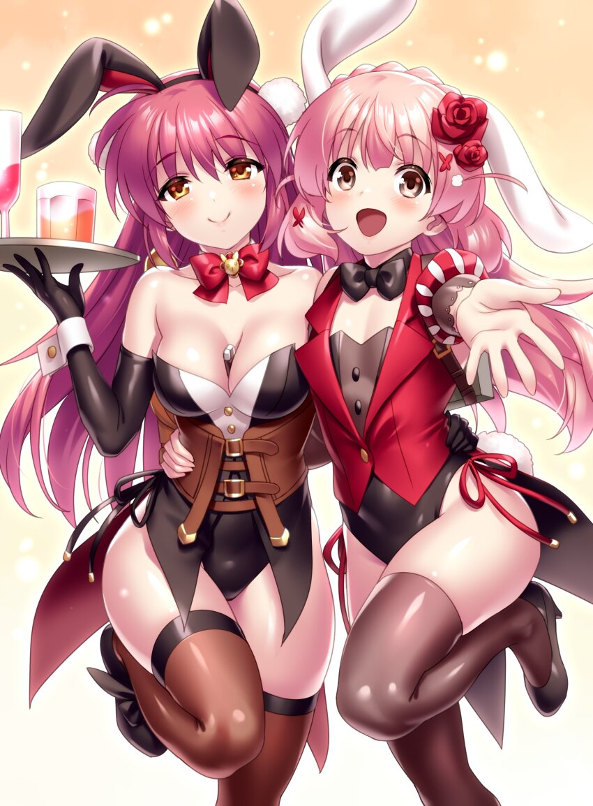 1boy 1girl :d absurdres animal_ears arm_around_waist bare_shoulders black_bow black_bowtie black_footwear black_gloves black_leotard black_thighhighs blush bow bowtie braid breasts brown_eyes brown_thighhighs c: cleavage closed_mouth commentary commission company_connection cosplay crown_braid cup curvy drinking_glass elbow_gloves english_commentary eyes_visible_through_hair fake_animal_ears fake_tail floppy_ears flower futaki_kanata glass gloves hair_between_eyes hair_flower hair_ornament haizakura_(prima_doll) haizakura_(prima_doll)_(cosplay) hand_up happy high_heels highleg highleg_leotard highres holding holding_tray hug karasuba_(prima_doll) karasuba_(prima_doll)_(cosplay) key_(company) large_breasts leotard little_busters! long_hair looking_at_viewer naoe_riki open_mouth outstretched_arm pink_hair playboy_bunny pom_pom_(clothes) pom_pom_hair_ornament prima_doll_(anime) purple_hair rabbit_ears rabbit_tail red_bow red_bowtie red_flower red_rose rose second-party_source shiny_skin side-by-side simple_background skeb_commission smile standing standing_on_one_leg strapless strapless_leotard tail tareme thighhighs thighs trap tray tsurime very_long_hair white_wrist_cuffs wig wine_glass wrist_cuffs yellow_background yellow_eyes zen_(kamuro)