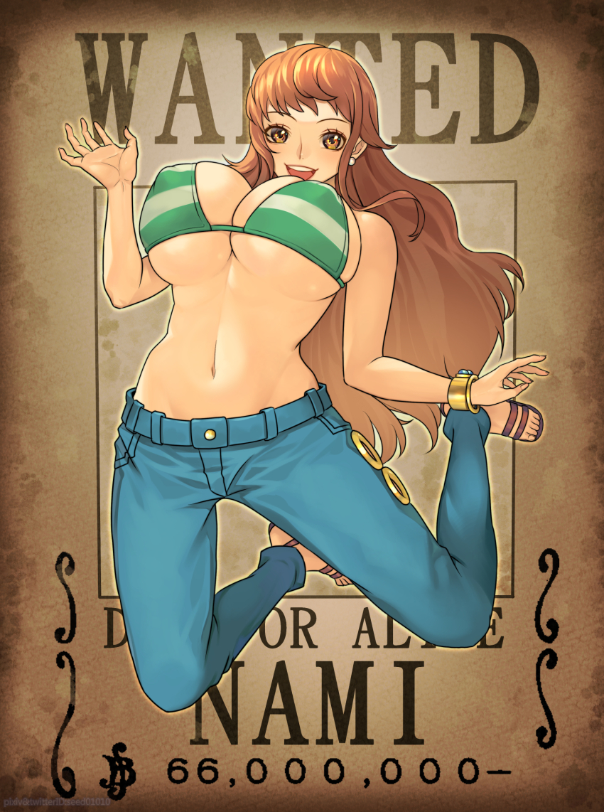 1girl 2025 bangle bikini bikini_top_only blue_pants bracelet breasts brown_eyes brown_hair character_name covered_erect_nipples earrings english_text green_bikini highres jewelry large_breasts log_pose long_hair looking_at_viewer nami_(one_piece) nami_(one_piece)_(return_to_sabaody) navel official_alternate_costume one_piece open_mouth pants pearl_earrings sandals seed01010 smile solo stomach striped_bikini striped_clothes swimsuit teeth underboob upper_teeth_only wanted_poster