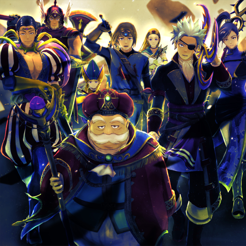3girls 5boys aqua_cape armor ascot asymmetrical_bangs asymmetrical_dual_wielding axe bead_necklace beads black_hair blonde_hair blue_eyes blue_gemstone blue_hair blue_tabard braid brown_eyes brown_hair camus_(dq11) cape china_dress chinese_clothes choker circlet commentary_request cosplay crown dragon_quest dragon_quest_xi dress dual_wielding earrings erdrick&#039;s_sword eyepatch facial_hair floating_clothes floating_hair gem gold_circlet gold_earrings grandfather_and_grandson greaves greig_(dq11) hair_pulled_back helmet hero_(dq11) high_ponytail holding holding_axe holding_boomerang holding_polearm holding_shield holding_staff holding_sword holding_wand holding_weapon hoop_earrings jewelry long_hair looking_at_viewer low_twin_braids martina_(dq11) medium_hair multiple_boys multiple_girls mustache necklace official_alternate_costume old old_man one_eye_covered open_mouth parted_hair pirate plunging_neckline polearm ponytail popon_(user_eaem5325) puff_and_slash_shorts purple_dress purple_eyes purple_facial_hair purple_gemstone purple_hair red_armor red_gemstone roche_(dq11) roche_(dq11)_(cosplay) row_(dq11) senica_(dq11) senica_(dq11)_(cosplay) senya_(dq11) sheath shield short_hair siblings sisters smile spear sphere_earrings spiked_hair staff strapless strapless_dress sword sword_on_back sylvia_(dq11) tabard twin_braids twins unsheathing veronica_(dq11) wand weapon weapon_on_back white_ascot white_dress white_facial_hair winged_helmet