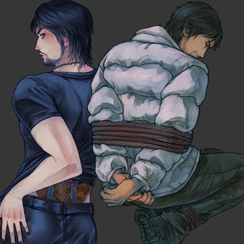 1boy back_tattoo black_hair coat crepa_k dojima_daigo down_jacket facial_hair furrowed_brow highres jacket jewelry leather leather_pants looking_back male_focus nail_polish necklace pants puffy_sleeves restrained rope ryuu_ga_gotoku_(series) ryuu_ga_gotoku_2 shirt short_hair simple_background solo tattoo