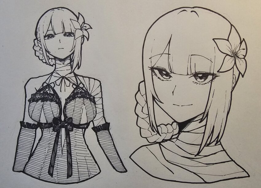 1girl bandaged_arm bandaged_neck bandages bare_shoulders blunt_bangs bow braid braided_hair_rings breasts cleavage closed_mouth dress epeulu_(ate5424) flower frills greyscale hair_flower hair_ornament hair_rings highres kaine_(nier) large_breasts lingerie looking_at_viewer medium_hair monochrome multiple_views negligee nier nier_(series) ribbon sidelocks simple_background sketch smile spot_color traditional_media underwear upper_body white_hair
