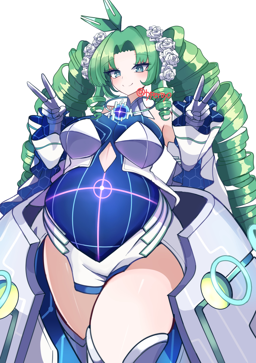 1girl absurdres armor armored_skirt big_belly breasts collar crosshair detached_sleeves double_v drill_hair drill_sidelocks duel_masters flower flower_on_head gauntlets green_eyes green_hair highres kiriko_(duel_masters) medium_breasts pregnant rose royo21294110 sidelocks smile solo tagme target thighs twin_drills v white_background white_flower white_rose