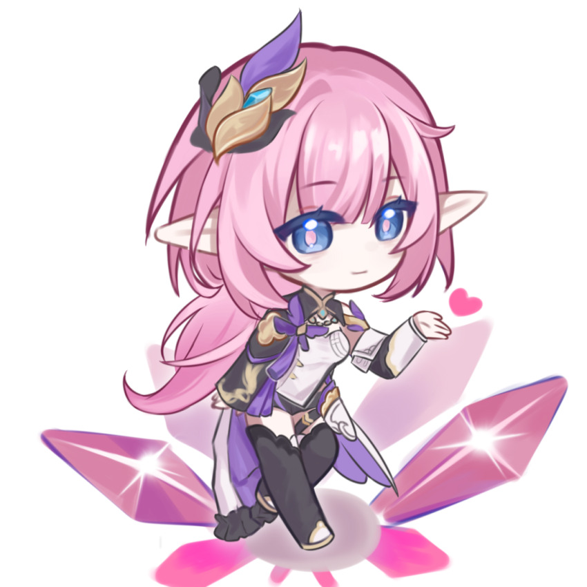 1girl black_thighhighs blue_eyes elysia_(honkai_impact) elysia_(miss_pink_elf)_(honkai_impact) hair_ornament heart honkai_(series) honkai_impact_3rd long_hair long_sleeves looking_at_viewer pink_hair pink_pupils pointy_ears shirt simple_background smile solo thighhighs very_long_hair white_background white_shirt xiaoshuiwa