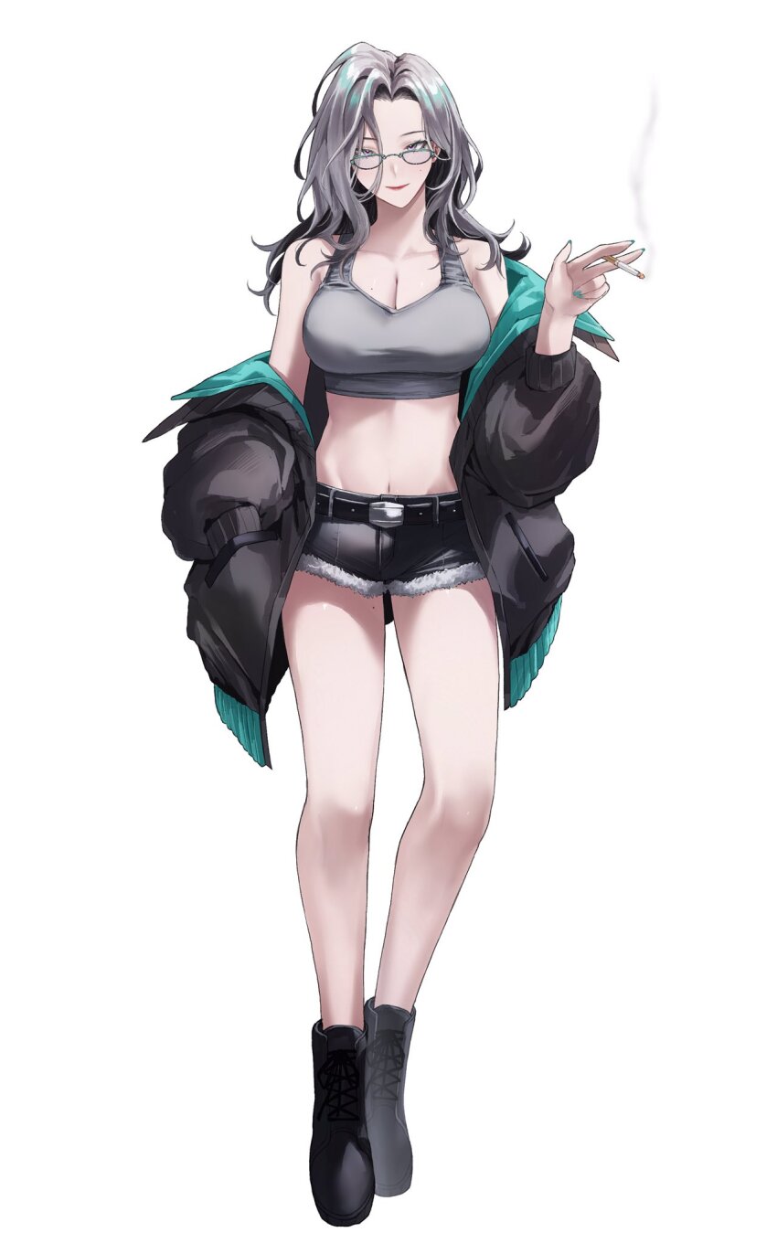 1girl aqua_eyes aqua_hair aqua_nails bare_legs belt black_belt black_boots black_jacket black_shorts boots cigarette closed_mouth crop_top forehead fur-trimmed_shorts fur_trim glasses grey_hair grey_tank_top hair_between_eyes highres holding holding_cigarette jacket long_hair long_sleeves looking_at_viewer midriff multicolored_hair navel original shorts smile smoking solo sweater_jacket tank_top ulularts white_background