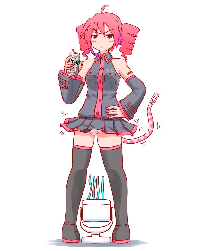 1girl absurdres ahoge asahi_breweries bare_shoulders beer_can black_shirt black_skirt black_sleeves black_thighhighs blush breast_pocket can collared_shirt detached_sleeves drill_hair drink_can electric_fan floating_clothes full_body highres holding holding_can kasane_teto kasane_teto_(utau) long_sleeves looking_at_viewer naccha_(nawacchi) no_nose number_tattoo panties pantyshot pocket red_eyes red_hair red_nails shirt signature simple_background skirt sleeveless solo standing tattoo thighhighs twin_drills twitter_username underwear utau white_background white_panties
