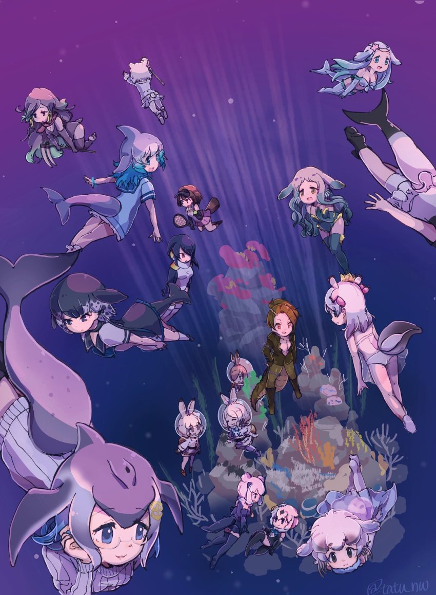 10s 6+girls alaskan_sea_otter_(kemono_friends) anchor_hair_ornament animal_ears arctic_hare_(kemono_friends) ball bare_legs bare_shoulders bear_ears bear_paw bear_tail bikini bikini_top_only black_hair blowhole blue_hair blue_whale_(kemono_friends) boots bow bowtie bracelet breasts californian_sea_otter_(kemono_friends) cetacean_tail chain cleavage coat commentary_request commerson&#039;s_dolphin_(kemono_friends) common_bottlenose_dolphin_(kemono_friends) coral_reef crocodilian_tail diving_helmet dress dugong_(kemono_friends) elbow_gloves emperor_penguin_(kemono_friends) european_hare_(kemono_friends) fins fish_tail fur_collar fur_trim glasses gloves gold_trim gradient_hair grey_hair hair_ornament hair_over_one_eye hair_tubes harp_seal_(kemono_friends) helmet highres jewelry kemono_friends leotard mediterranean_monk_seal_(kemono_friends) mexico_salamander_(kemono_friends) mountain_hare_(kemono_friends) multicolored_hair multiple_girls narwhal_(kemono_friends) neck_ribbon one-piece_swimsuit otter_ears otter_tail paw_stick platypus_(kemono_friends) pleated_skirt polar_bear_(kemono_friends) rabbit_ears rabbit_tail racket red_hair ribbon salamander_tail saltwater_crocodile_(kemono_friends) sandals school_uniform see-through_clothes serafuku short_hair short_sleeves shorts shorts_under_skirt skirt spotted_hair star_(symbol) star_hair_ornament streaked_hair sweater swimming swimsuit tail tatsuno_newo tennis_ball tennis_racket thighhighs underwater underwear visor_cap walrus_(kemono_friends) whale_tail_(clothing) white_hair winter_clothes winter_coat
