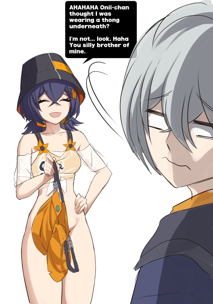 1boy 1girl absurdres belle_(zenless_zone_zero) blue_hair bottomless brother_and_sister bucket_hat closed_eyes closed_mouth collarbone convenient_censoring empty_eyes grey_hair hand_on_own_hip hat highres holding holding_shorts holding_unworn_clothes low_twintails luizhtx medium_hair open_mouth short_hair shorts siblings simple_background smile turning_head twintails unworn_shorts wavy_mouth white_background wise_(zenless_zone_zero) zenless_zone_zero