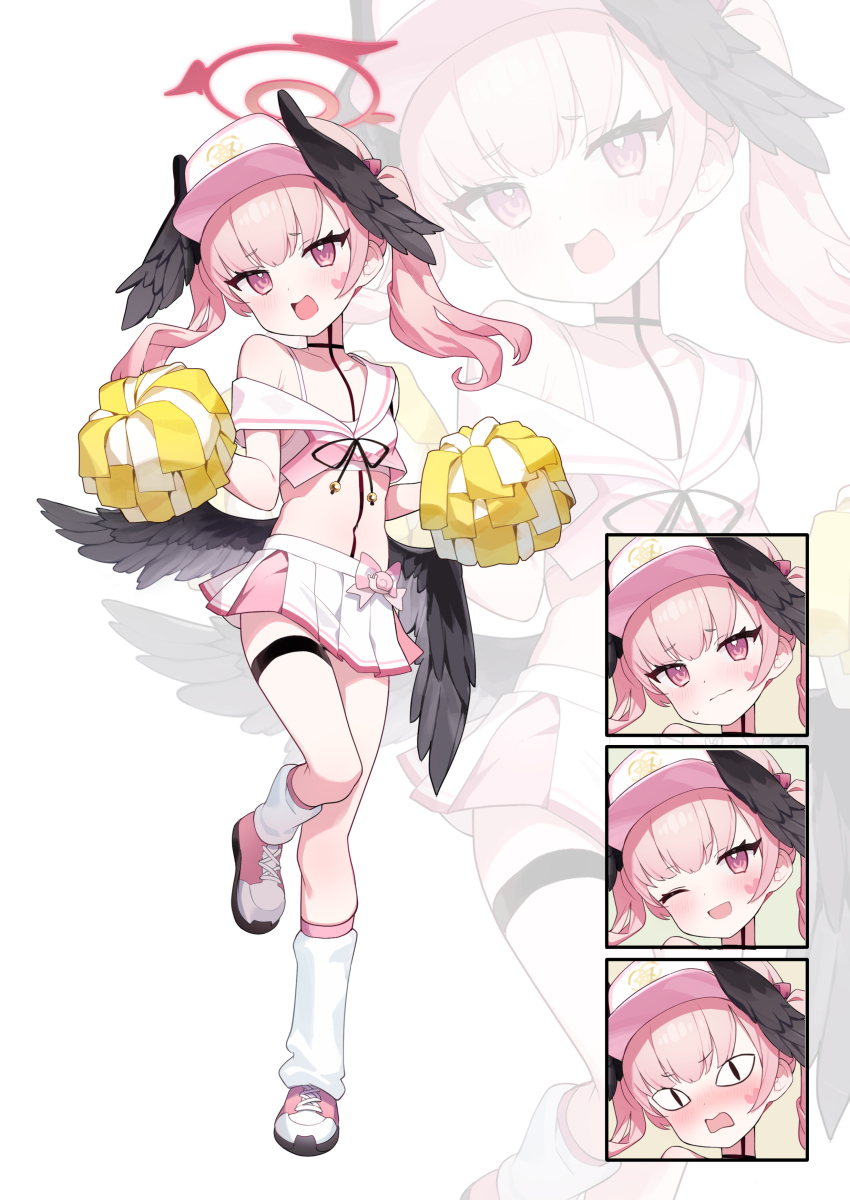 &lt;|&gt;_&lt;|&gt; 1girl absurdres alternate_costume bada_(jksh5056) baseball_cap blue_archive blush bra cheerleader closed_mouth commentary crop_top expressionless feathered_wings full_body halo hat head_wings heart_sticker highres koharu_(blue_archive) loli long_hair loose_socks low_wings midriff miniskirt navel off_shoulder one_eye_closed open_mouth pink_eyes pink_hair pink_hat pink_shirt pink_shoes pom_pom_(cheerleading) shirt shoes single_bare_shoulder skirt sleeveless sleeveless_shirt sneakers socks standing standing_on_one_leg sticker_on_face thigh_strap twintails underwear white_bra white_skirt wings zoom_layer