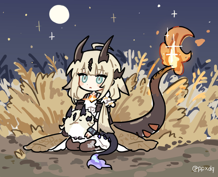 1girl ahoge animal animalization aqua_eyes arknights blush_stickers deformed dragon_bubble_(arknights) dragon_girl dragon_horn dragon_tail fire flame-tipped_tail full_moon highres holding holding_animal infection_monitor_(arknights) light_in_heart moon necrass_(arknights) night outdoors ppxdq reed_(arknights) reed_the_flame_shadow_(arknights) seiza sitting star_(sky) tail twitter_username