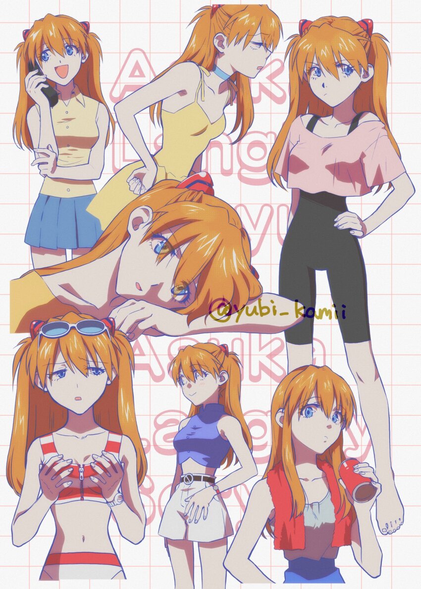 1girl :&gt; bare_legs bikini blue_eyes blue_skirt bodysuit breasts brown_hair can character_name eyepatch grabbing_own_breast highres holding holding_can interface_headset_(evangelion) long_hair medium_breasts neon_genesis_evangelion open_mouth pink_shirt shirt skirt smile souryuu_asuka_langley striped_bikini striped_clothes sunglasses_on_head swimsuit turtleneck twitter_username two_side_up yellow_shirt yubi_kamii