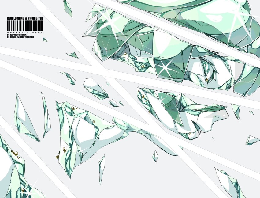1other breaking crystal_hair glint green_eyes green_hair grey_background highres houseki_no_kuni looking_at_viewer looking_to_the_side mt5_014 parted_lips phosphophyllite portrait shards simple_background solo twitter_username