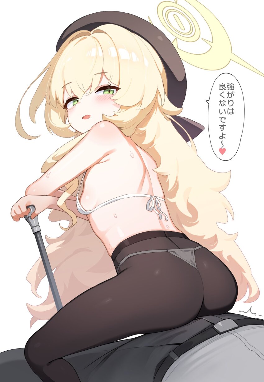 1boy 1girl ass bikini black_hat black_pants black_pantyhose blonde_hair blue_archive breasts cane fang femdom frottage green_eyes halo hat hetero highres holding holding_cane long_hair looking_back micro_bikini open_mouth pants pantyhose parted_lips professor_niyaniya_(blue_archive) shirt simple_background sitting sitting_on_person skin_fang small_breasts solo_focus speech_bubble swimsuit translated unizou white_background white_bikini