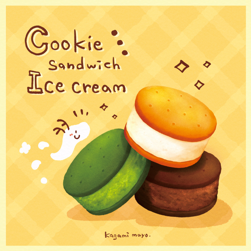 artist_name cookie dessert food food_focus food_name highres ice_cream ice_cream_sandwich kagami_mayo matcha_(food) no_humans original yellow_background