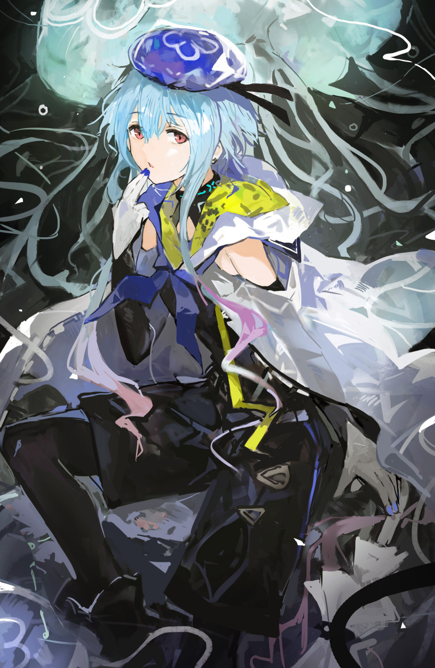 1boy alchemaniac arknights beret black_pantyhose black_shorts blue_hair blue_hat blue_neckerchief earrings expressionless finger_to_mouth gloves hat highres infection_monitor_(arknights) jellyfish jewelry looking_at_viewer male_focus mizuki_(arknights) neckerchief pantyhose parted_lips red_eyes short_hair_with_long_locks shorts sidelocks solo trap white_gloves