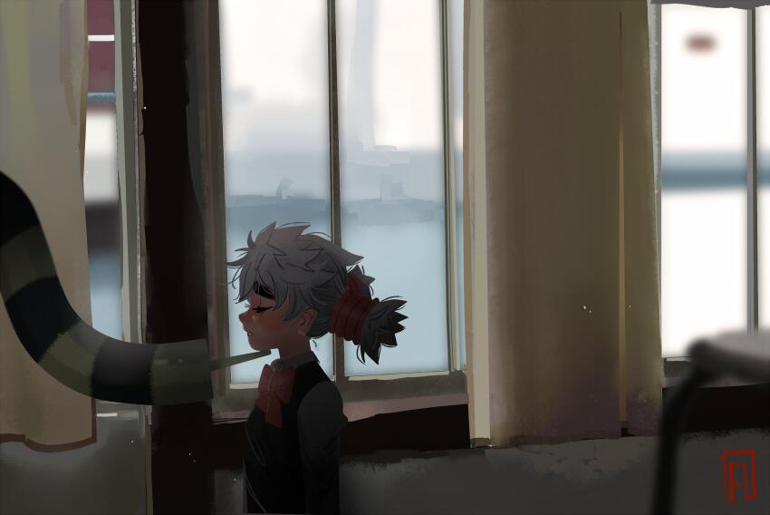 1girl blind blush closed_eyes curtains french-unicorn highres hunter_x_hunter indoors komugi_(hunter_x_hunter) meruem parted_lips profile solo_focus upper_body white_hair window