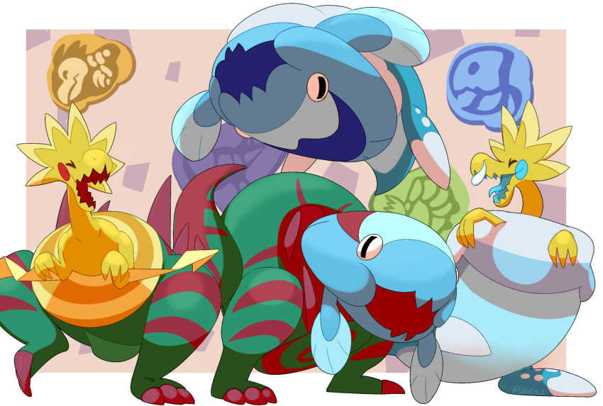 arctovish arctozolt commentary creature dracovish dracozolt english_commentary full_body gen_8_pokemon highres lawen nintendo no_humans pokemon pokemon_(creature) signature standing standing_on_one_leg walking