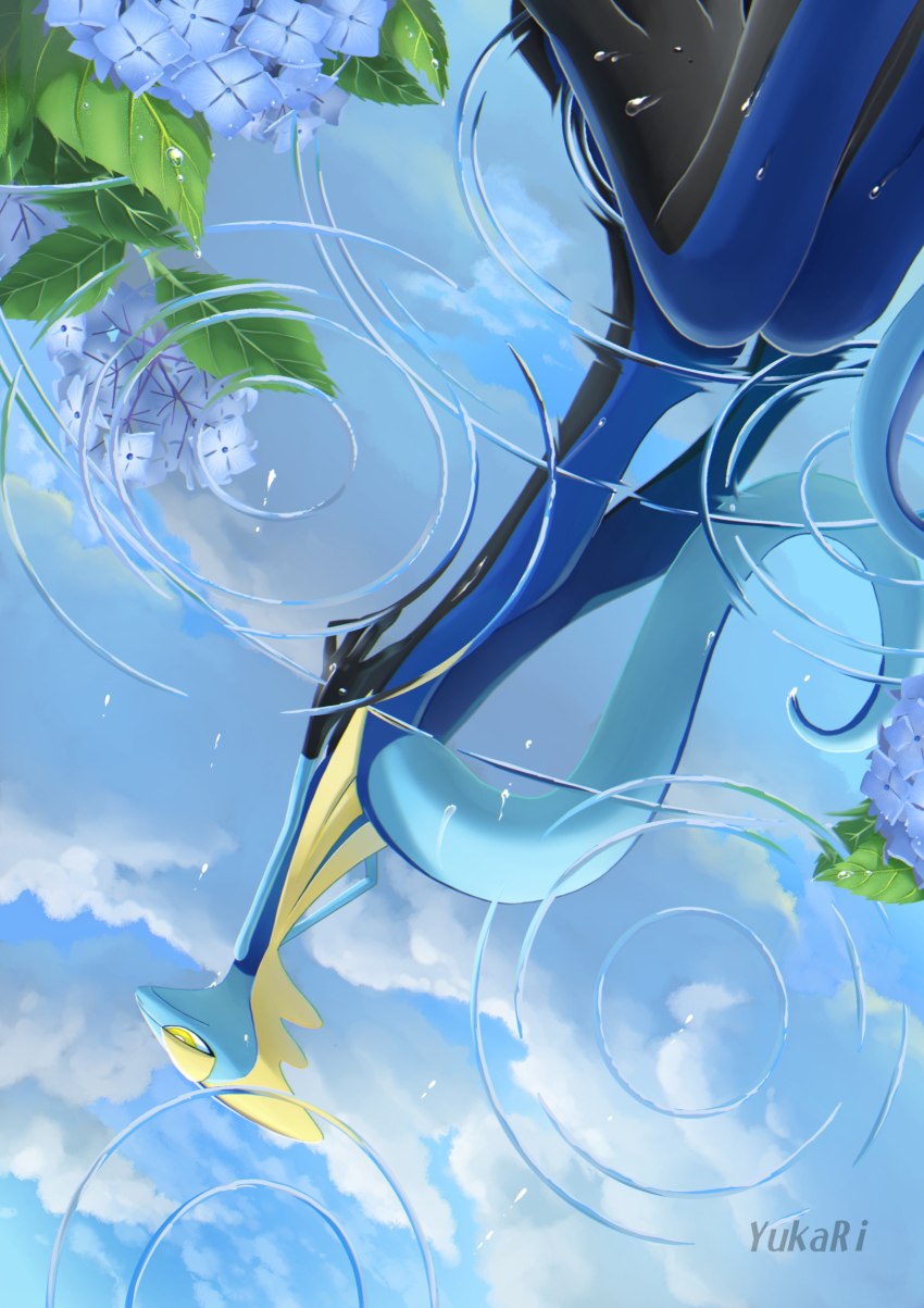 artist_name blue_flower commentary_request day flower gen_8_pokemon highres inteleon leaf nintendo outdoors pokemon pokemon_(creature) reflection ripples solo standing water water_drop wet yellow_eyes yukari_(yukari21653710)