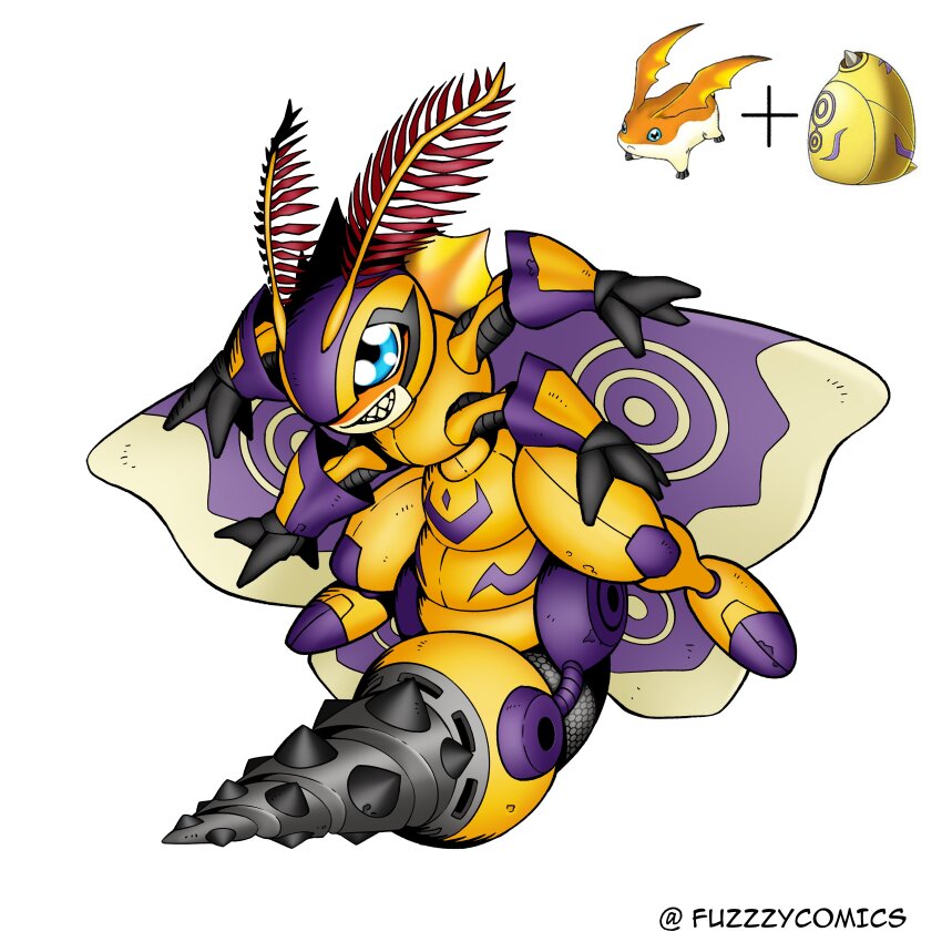 absurdres antennae armor blue_eyes bug digimental digimental_of_knowledge digimon digimon_(creature) drill fuzzzycomics highres insect insect_wings moth mothmon oridigi original patamon twitter_username wings