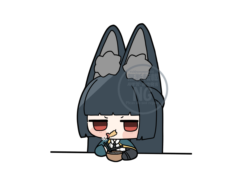 1girl absurdres animal_ear_fluff animal_ears aqua_capelet black_hair black_necktie blunt_bangs blunt_ends blush_stickers chibi chopsticks commentary_request eating food highres hime_cut holding holding_chopsticks hoshimi_miyabi jitome long-eared_miyabi_(meme) long_hair meme necktie noodles shinonome_nashi shirt shrimp shrimp_tempura simple_background solo tempura udon very_long_ears very_long_hair watermark white_background white_shirt zenless_zone_zero