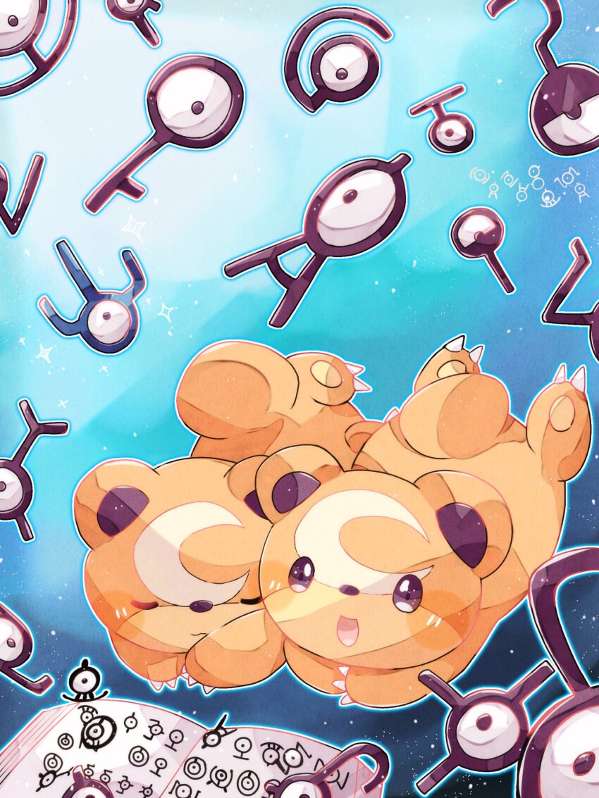 :d animal_focus artist_name blue_background book brown_fur claws closed_eyes commentary_request game_freak gen_2_pokemon hanabusaoekaki highres lying nintendo no_humans on_stomach open_mouth pokemon pokemon_(creature) smile solid_oval_eyes sparkle teddiursa unown unown_! unown_? unown_a unown_b unown_c unown_d unown_e unown_g unown_h unown_n unown_o unown_q unown_s unown_t unown_u unown_w unown_x unown_y unownglyphics