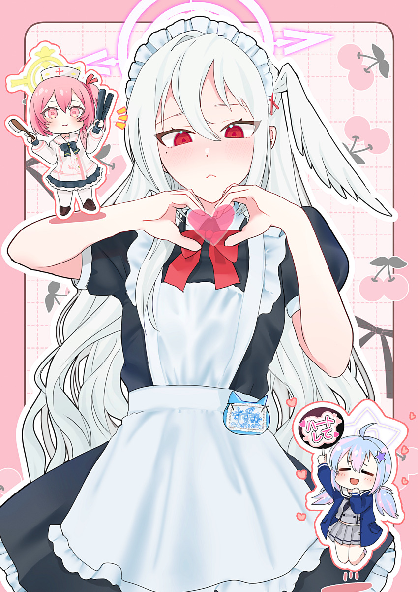 3girls :&lt; :d =_= absurdres ahoge alternate_costume apron black_dress blue_archive blue_hair blush bow bowtie character_name chibi chibi_inset closed_mouth commentary_request cowboy_shot dress enmaided feathered_wings frilled_apron frills grey_serafuku hair_brush hair_ornament halo hands_up hat head_wings heart heart_hands heart_in_heart_hands highres holding holding_hair_brush jumping long_hair looking_at_viewer low_twintails maid maid_apron maid_headdress mole mole_under_eye motion_lines multicolored_hair multiple_girls notice_lines nurse_cap one_side_up open_mouth outline pink_background pink_eyes pink_hair pink_halo puffy_short_sleeves puffy_sleeves red_bow red_bowtie red_eyes reisa_(blue_archive) sailor_collar school_uniform serafuku serina_(blue_archive) short_hair short_sleeves simple_background single_wing smile solo_focus star_(symbol) star_hair_ornament star_halo streaked_hair suzumi_(blue_archive) tsurime twintails very_long_hair vigilante_crew_(blue_archive) wakamomo1000 white_apron white_hair white_outline white_sailor_collar white_wings wings x_hair_ornament yellow_halo