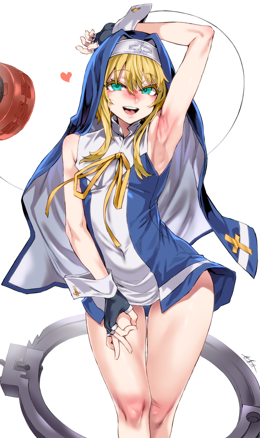 1boy arm_up armpits asanagi blonde_hair bridget_(guilty_gear) cross fingerless_gloves gloves green_eyes guilty_gear guilty_gear_xx habit heart highres looking_at_viewer nun open_mouth ribbon simple_background sleeveless smile solo thighs trap white_background yo-yo