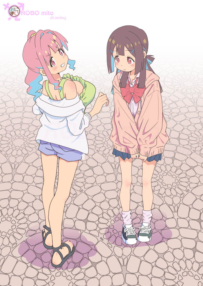 2girls absurdres artist_name bare_legs blue_hair bow bowtie breasts brown_eyes brown_hair colored_inner_hair commentary copyright_name double-parted_bangs full_body grin gyaru hair_intakes hair_ornament hairclip highres hozuki_kaede hozuki_momiji jacket kogal large_breasts long_hair long_sleeves looking_at_another looking_at_viewer looking_back loose_bowtie loose_socks male-female_symbol multicolored_hair multiple_girls no_socks off_shoulder official_alternate_hair_length official_alternate_hairstyle onii-chan_wa_oshimai! pink_eyes pink_hair pink_jacket ponytail red_bow red_bowtie robomito sandals shirt shoes siblings sidelocks sisters smile sneakers socks standing two-tone_hair white_jacket white_shirt white_socks