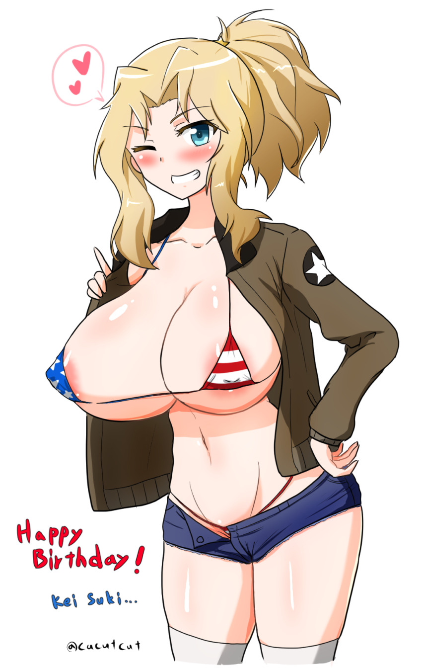 1girl alternate_hairstyle american_flag american_flag_bikini american_flag_print bikini bikini_under_clothes blonde_hair blue_eyes blush breasts cleavage covered_erect_nipples cube_(huidama) denim denim_shorts flag_print flag_print_bikini girls_und_panzer hair_intakes happy_birthday highres huge_breasts jacket kay_(girls_und_panzer) looking_at_viewer navel one_eye_closed open_clothes open_jacket ponytail print_bikini saunders_military_uniform shorts smile solo swimsuit teeth thighhighs twitter_username