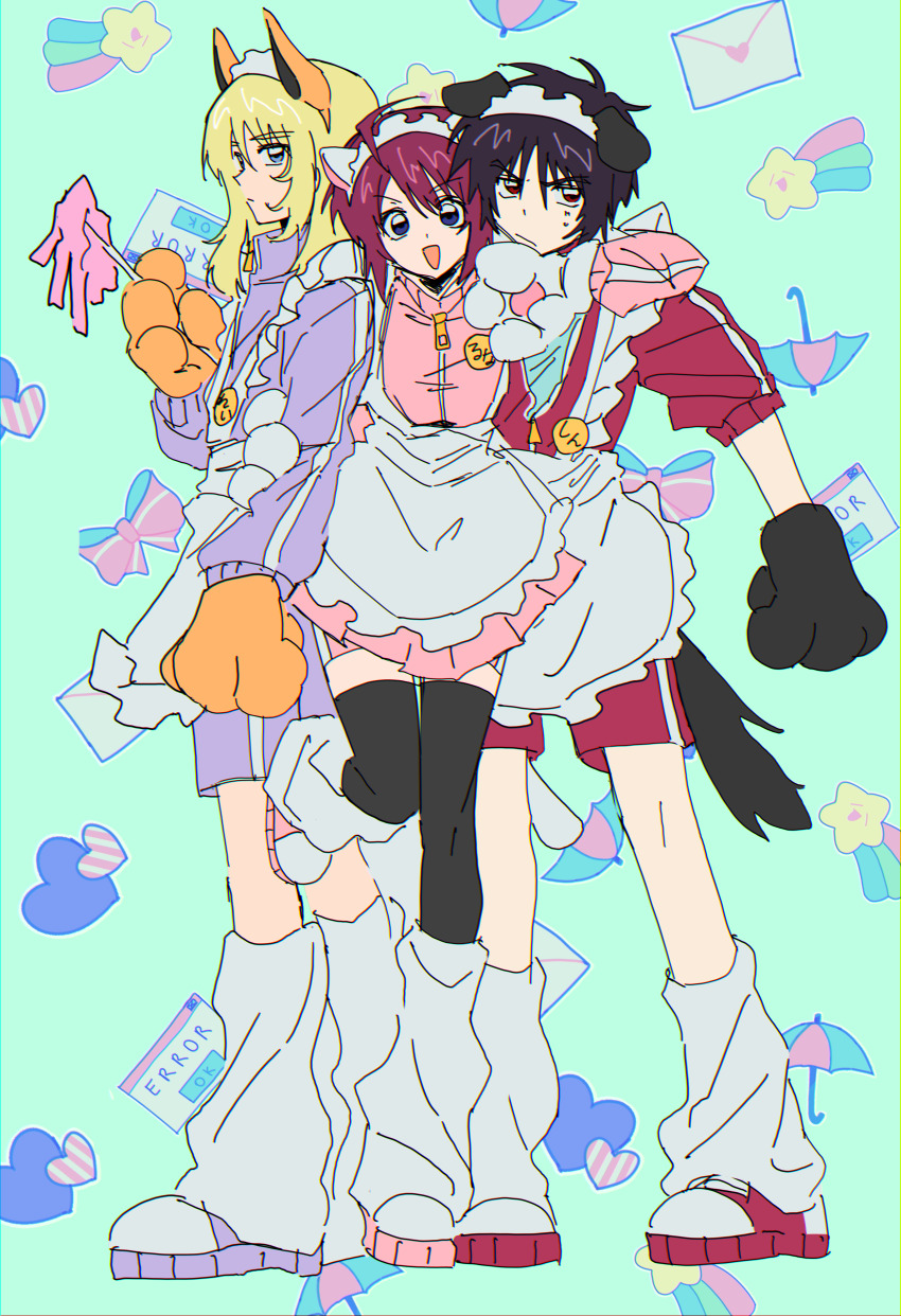 1girl 2boys absurdres ahoge alternate_costume animal_ear_hairband animal_ears animal_hands apron arm_around_shoulder black_hair black_thighhighs blonde_hair blue_eyes cat_ears dog_ears dog_tail duster fake_animal_ears fake_tail fox_ears frilled_apron frills frown full_body gloves gundam gundam_seed gundam_seed_destiny hairband highres long_hair loose_socks lunamaria_hawke maid_headdress multiple_boys paw_gloves pink_hair pink_skirt pink_track_suit purple_eyes purple_track_suit red_eyes red_track_suit rey_za_burrel rlqaofm shinn_asuka short_hair shorts shorts_under_skirt skirt socks tail thighhighs track_suit white_apron