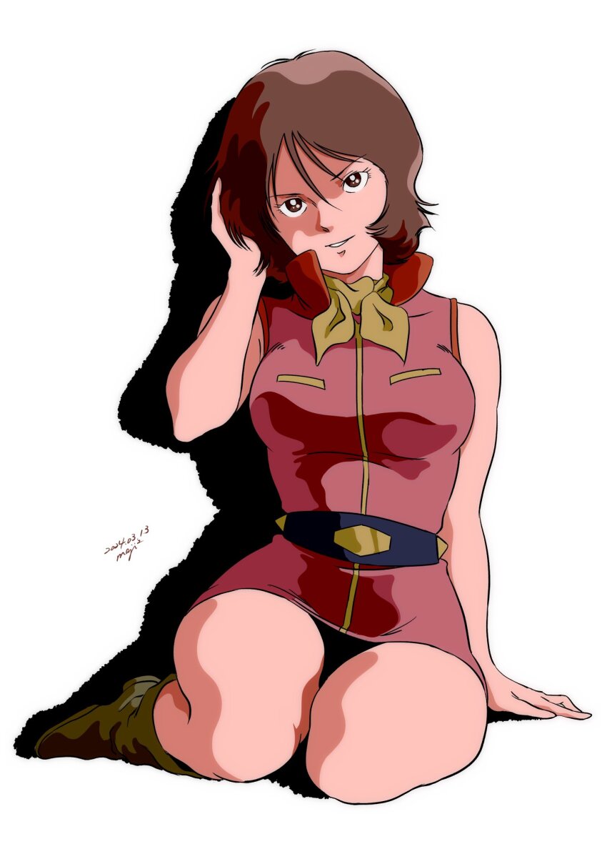 1girl bare_arms bare_legs belt boots brown_eyes brown_hair fraw_bow gundam highres looking_at_viewer miniskirt mobile_suit_gundam neckerchief on_floor pgmajimaji short_hair sitting skirt sleeveless thighs