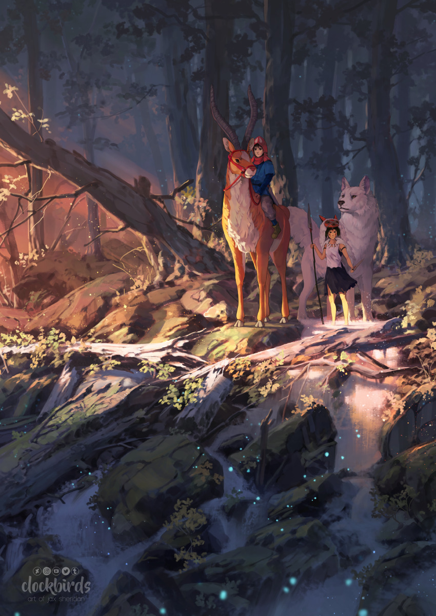1boy 1girl armband ashitaka bare_arms bare_legs bare_shoulders barefoot black_armband black_eyes black_skirt black_sleeves blue_shirt blue_sleeves boots brown_footwear brown_hair clenched_hand cliff clockbirds commentary deer english_commentary facepaint fallen_tree forest full_body grey_pants headdress highres holding holding_polearm holding_weapon layered_sleeves light_particles long_sleeves looking_at_viewer miniskirt mononoke_hime moro_no_ichizoku moss nature outdoors pants photoshop_(medium) polearm red_hood riding riding_animal rock san_(mononoke_hime) scenery shirt short_hair short_over_long_sleeves short_sleeves skirt spear sunlight sunset torn_clothes torn_skirt weapon white_shirt wide_shot wolf yakul