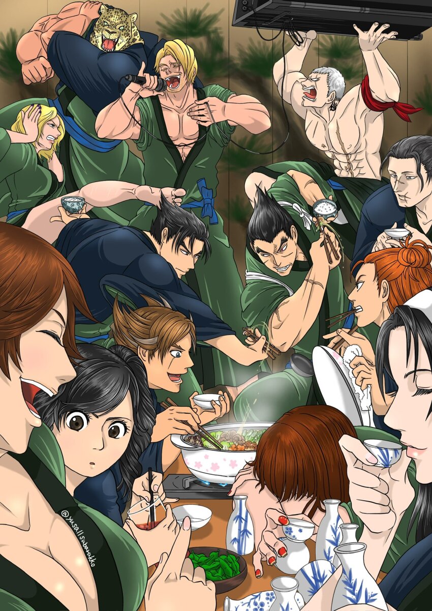 anna_williams black_hair blonde_hair blue_eyes breasts brown_eyes brown_hair bryan_fury cleavage closed_eyes collarbone highres hwoarang_(tekken) japanese_clothes kazama_asuka kazama_jin kazama_jun king_(tekken) large_breasts lars_alexandersson ling_xiaoyu mishima_kazuya nail_polish namco nina_williams open_mouth paul_phoenix sergei_dragunov smile tekken