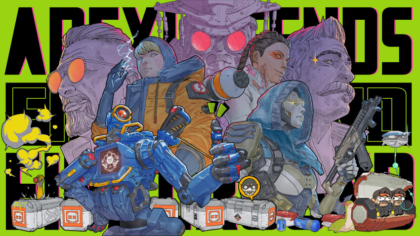 1other 3girls 5boys absurdres ambiguous_gender android apex_legends ash_(titanfall_2) ballistic_(apex_legends) battery blonde_hair bloodhound_(apex_legends) blue_bodysuit blue_eyes bodysuit braid brown_hair caustic_(apex_legends) ching_yeh clone colored_smoke commentary copyright_name crying d.o.c._health_drone dark-skinned_female dark_skin death_box_(apex_legends) english_commentary eye_trail eyeshadow facial_hair facial_scar fingerless_gloves first_aid fuse_(apex_legends) gloves goatee goggles goggles_on_head gun hair_behind_ear helmet highres hood hood_down hood_up hooded_bodysuit hooded_jacket humanoid_robot jacket light_trail lightning_bolt_symbol loba_(apex_legends) looking_to_the_side makeup mirage_(apex_legends) multiple_boys multiple_girls mustache nessie_(respawn) notice_lines octane_(apex_legends) official_art one-eyed open_hand orange_jacket parted_lips pathfinder_(apex_legends) r-99_smg rebreather red_eyes red_eyeshadow robot scar scar_on_cheek scar_on_face simulacrum_(titanfall) smirk smoke soul_patch stuffed_toy submachine_gun thumbs_up twin_braids wattson_(apex_legends) weapon white_gloves