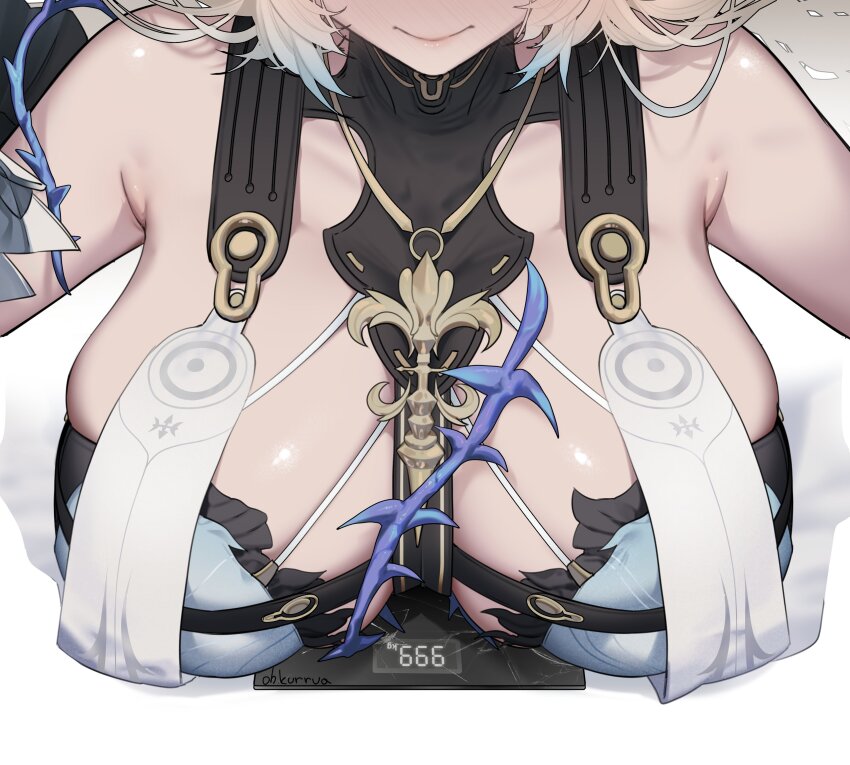 1girl absurdres armpit_crease bare_shoulders black_collar blonde_hair breast_rest breasts closed_mouth collar fleurdelys_(wuthering_waves) head_out_of_frame highres huge_breasts ohkurrva simple_background smile tabard thorns weighing_breasts weighing_scale white_background white_tabard wuthering_waves