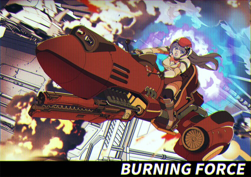1girl armor black_gloves black_thighhighs boots bracer breasts brown_boots brown_hair burning_force chest_guard commentary_request driving energy_cannon explosion fingerless_gloves fire floating_hair flying full_body gloves helmet hover_bike leotard long_hair medium_breasts open_mouth orange_leotard outdoors science_fiction serious shimadai587779 short_sleeves shoulder_armor smoke solo tengenji_hiromi thighhighs