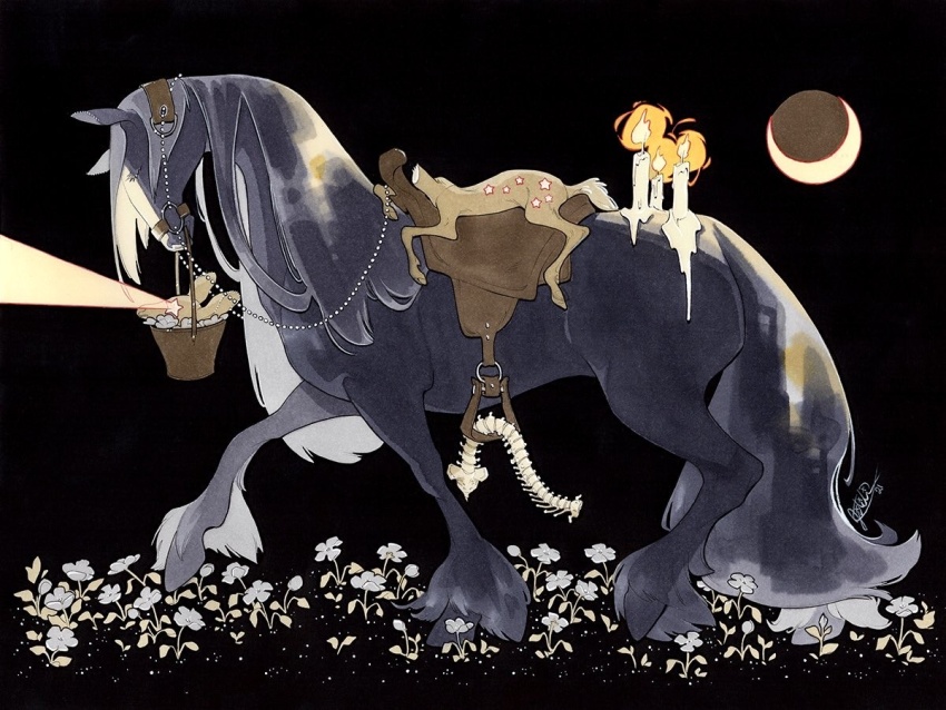 alternate_colored_grass animal animal_focus black_background bone bridle brown_fur bucket candle candle_wax closed_eyes crescent_moon deer disembodied_head dullahan eye_beam fawn fire fleebites flower grey_flower grey_fur grey_hair grey_tail head_down headless holding holding_bucket holding_detached_head horse moon night orange_fire original reins saddle severed_head spine spot_color star_(symbol) star_in_eye stirrups_(riding) symbol-shaped_eyes symbol_in_eye