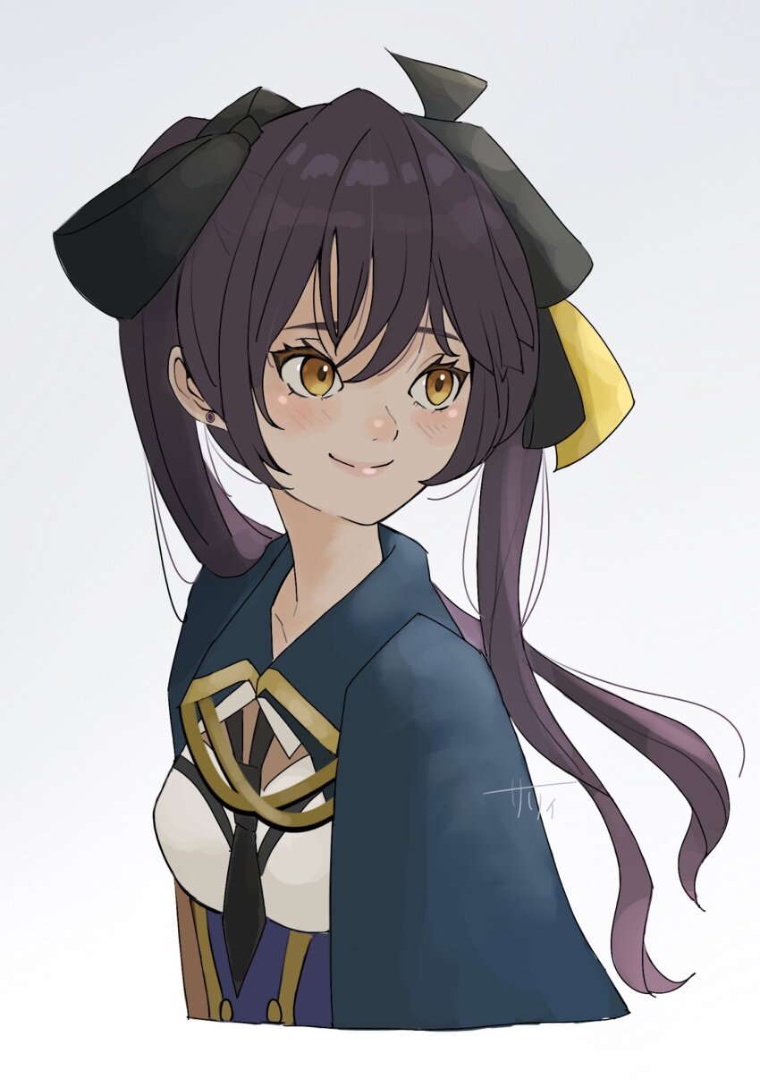 1girl arms_at_sides artist_name assault_lily black_necktie black_ribbon blue_cloak blue_shirt blush breasts cloak closed_mouth commentary_request cropped_torso earrings gradient_background grey_background hair_between_eyes hair_ribbon highres hishida_haru jewelry long_hair looking_ahead looking_to_the_side loose_necktie medium_breasts necktie odaiba_girls_high_school_uniform purple_hair ribbon sally_(allogkk) school_uniform shirt short_necktie solo stud_earrings twintails two-tone_shirt upper_body white_shirt yellow_eyes yellow_ribbon
