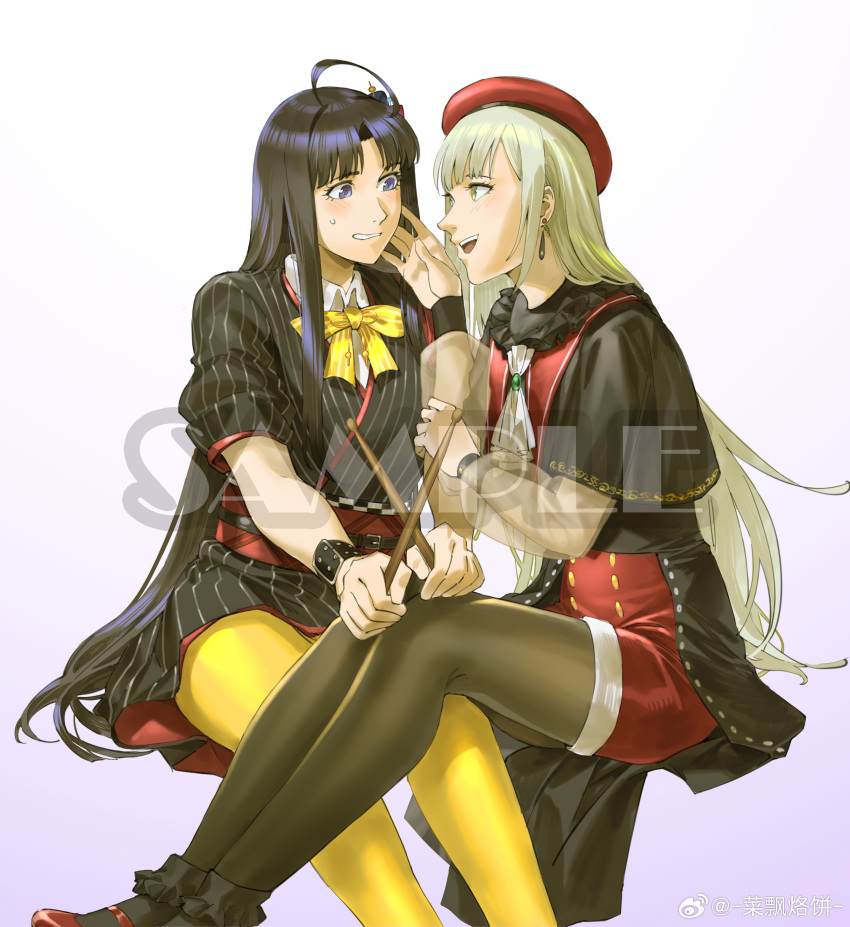 2girls :d absurdres ahoge ankle_socks artist_name ascot awa_subaru bang_dream! bang_dream!_it&#039;s_mygo!!!!! belt beret black_belt black_capelet black_dress black_hair black_pantyhose black_skirt black_sleeve_cuffs black_socks blush bobby_socks bow bowtie brooch buttons capelet chinese_commentary collared_shirt commentary_request commission crossover curtained_hair double-breasted dress drumsticks earrings eye_contact feet_out_of_frame frilled_capelet frilled_socks frills girls_band_cry gradient_background green_brooch green_hair grin hair_ornament hand_on_another&#039;s_cheek hand_on_another&#039;s_face hands_up hat highres holding holding_drumsticks invisible_chair jewelry long_hair looking_at_another mary_janes mortis_(bang_dream!) mortis_(costume)_(bang_dream!) mortis_(persona)_(bang_dream!) multiple_girls nervous_smile open_mouth pantyhose pinstripe_dress pinstripe_pattern puffy_short_sleeves puffy_sleeves purple_background purple_eyes red_hat red_shoes red_shorts ruukii_drift sample_watermark see-through_clothes see-through_sleeves shirt shoes short_dress short_sleeves shorts showgirl_skirt simple_background sitting skirt sleeve_cuffs smile socks socks_over_pantyhose sweatdrop very_long_hair wakaba_mutsumi watermark weibo_watermark white_ascot white_shirt wing_collar wristband yellow_bow yellow_bowtie yellow_eyes yellow_pantyhose yuri
